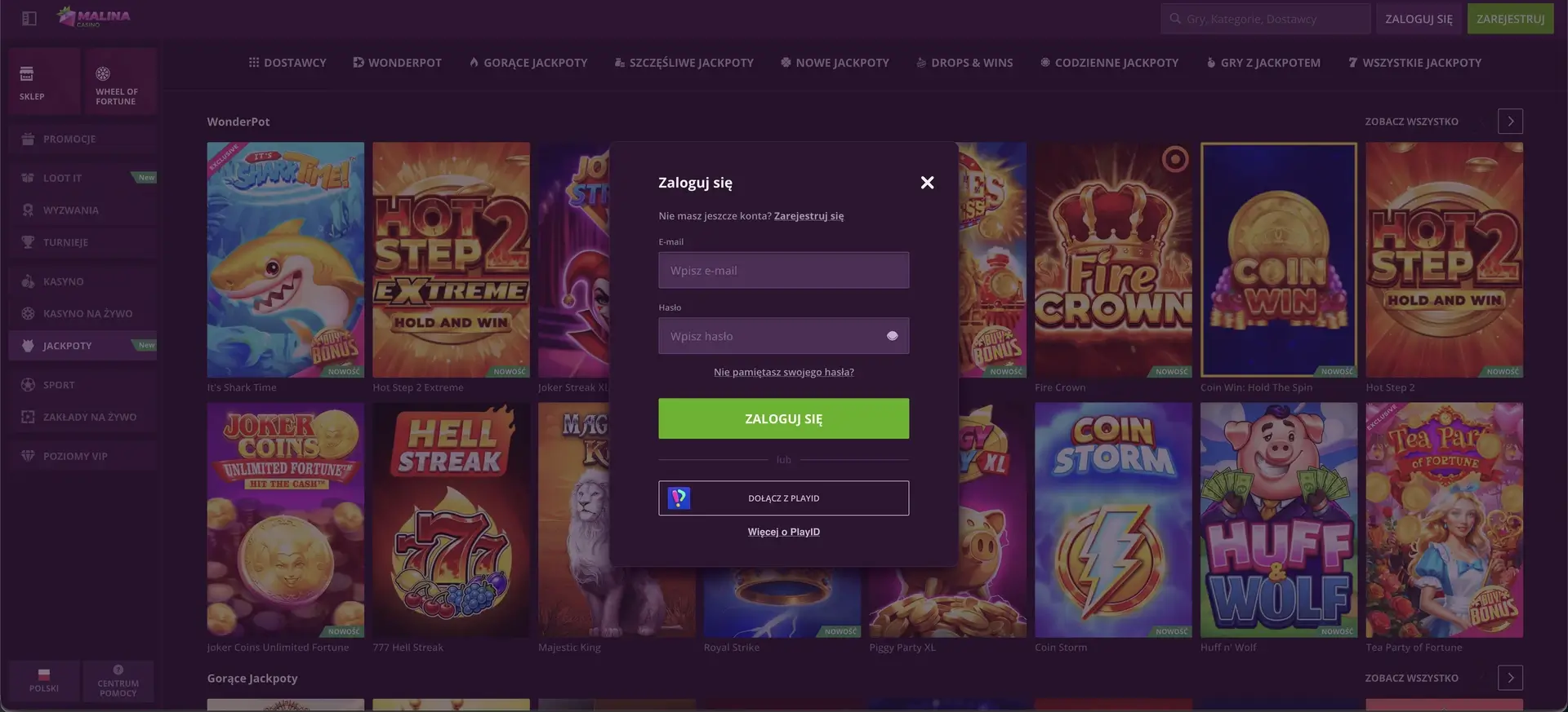 Malina Casino Logowanie - interfejs
