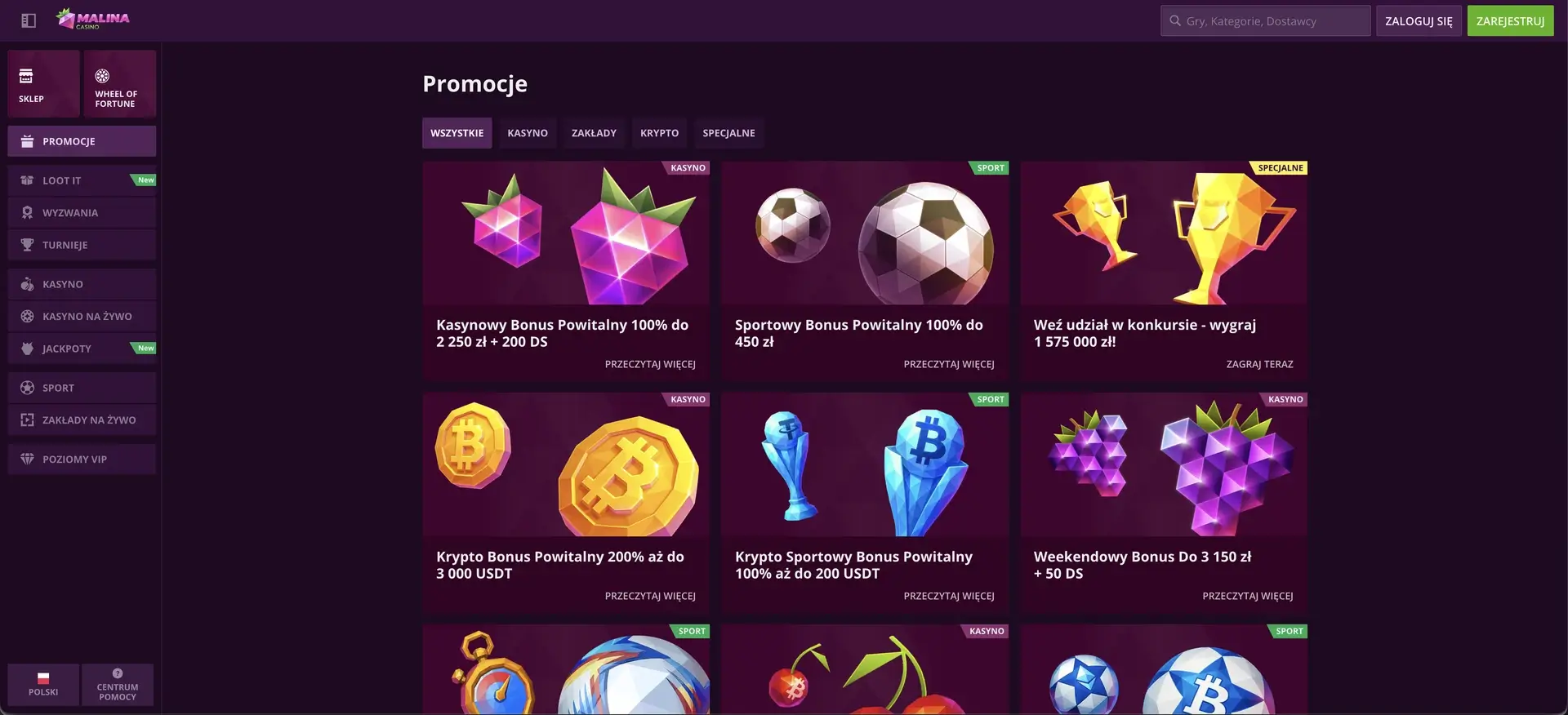 Malina Casino Bonusy - interfejs
